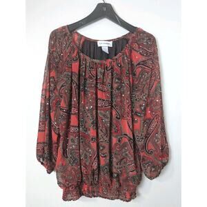 Cathy Daniels Blouse 3/4 Sleeve Size 1X Paisley Sequined Elastic Waist Sparkle